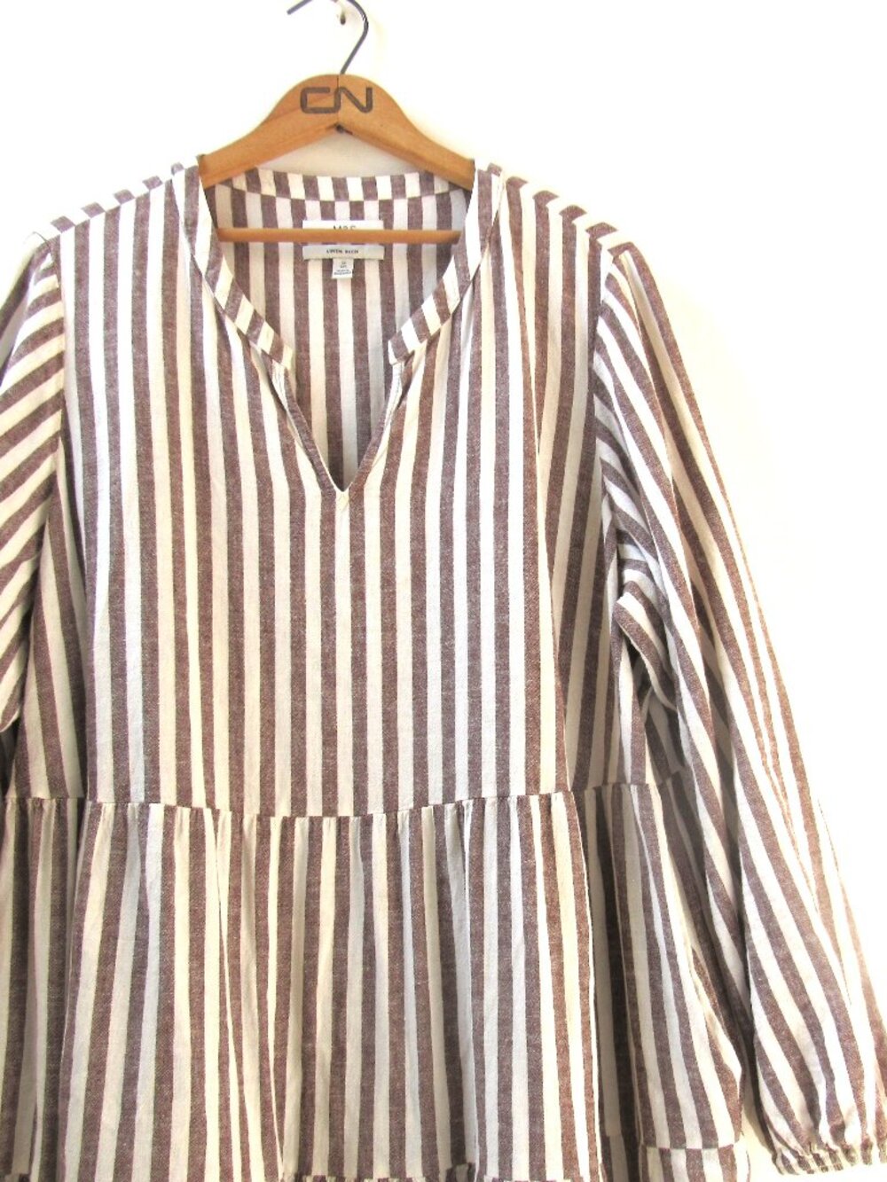 Marks & Spencer Linen Rich Striped V-Neck Midaxi Tiered Dress - Picture 6 of 8
